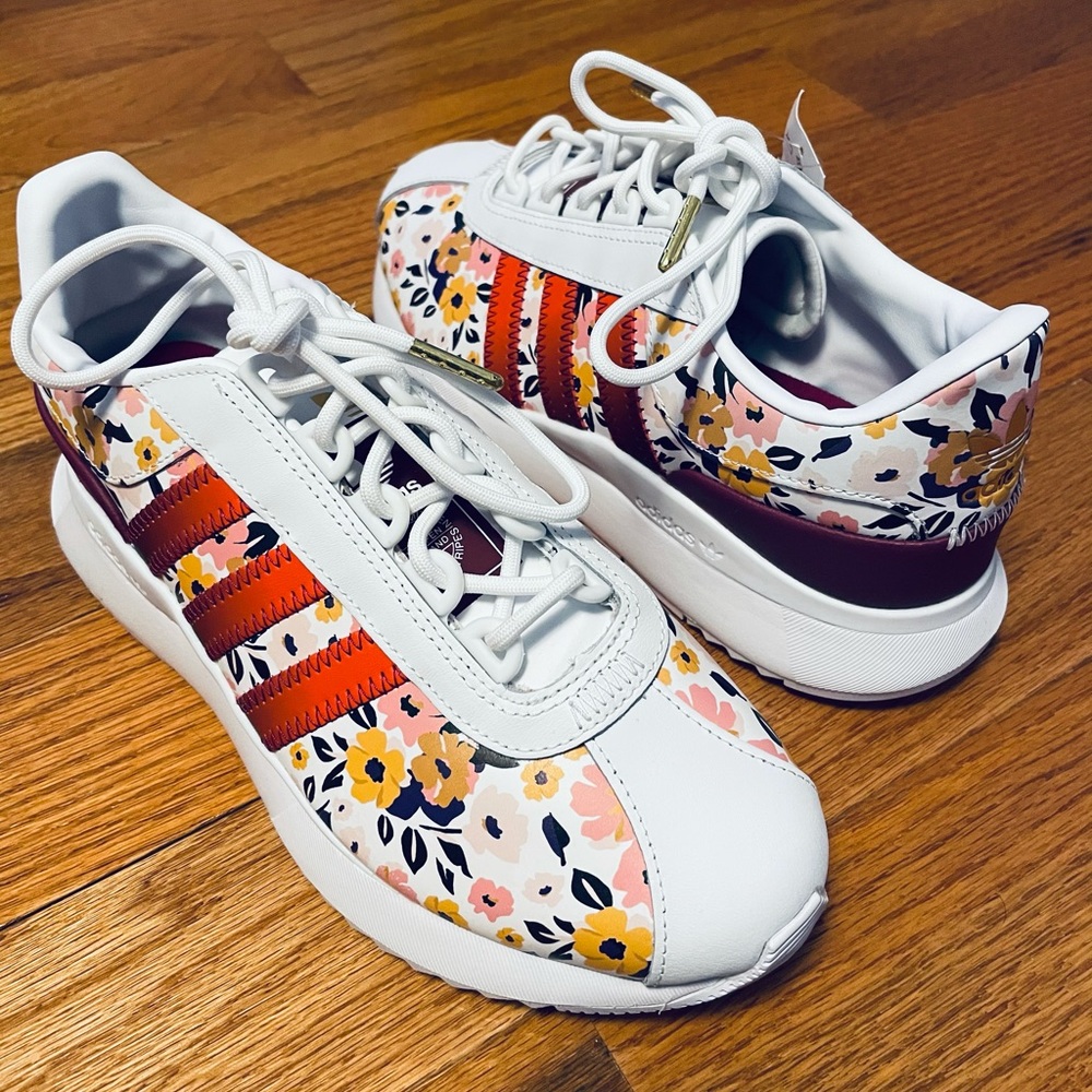 adidas Women's White Sneakers with Floral Print and Orange Stripes